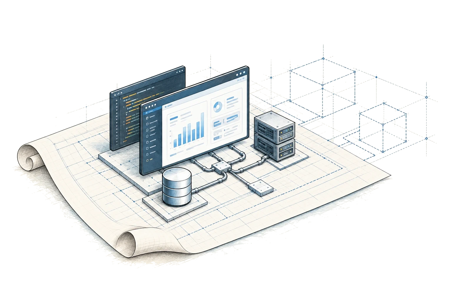Applications, code, and infrastructure rising from an engineering blueprint, with outlined modules planned for future growth.